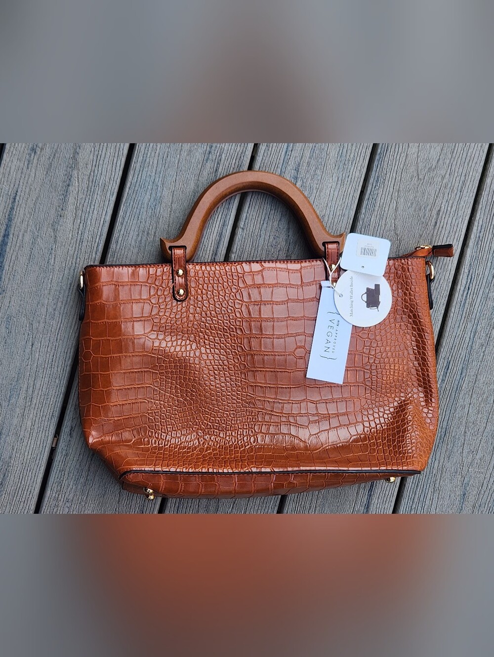 Cognac Croc-Embossed Vegan Tote with Wooden Top Handles